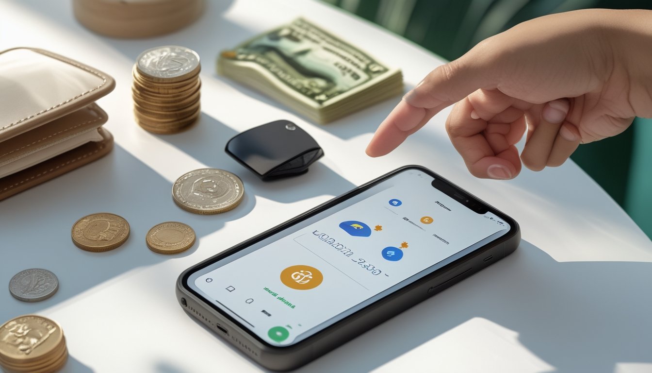 Seseorang menggunakan ponsel di samping uang rupiah dan dompet untuk melakukan transaksi digital.