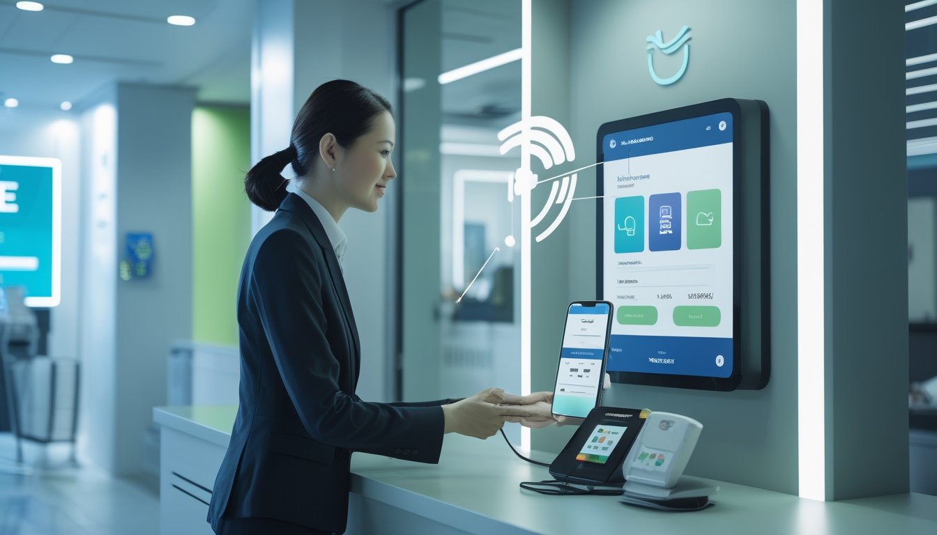 Agen layanan digital membantu pelanggan melakukan transaksi deposit dan penarikan melalui ponsel.
