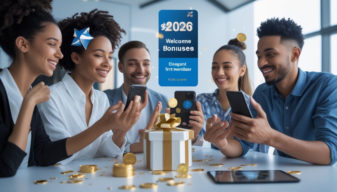 Sekelompok anak muda tersenyum sambil melihat perangkat digital dengan hadiah dan konfeti di sekitarnya.