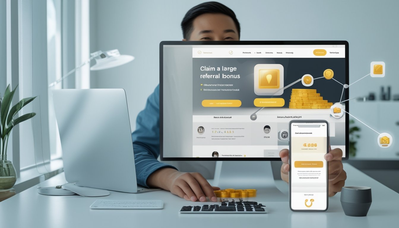 Seorang pengguna sedang melihat dasbor hadiah referral abstrak di laptop dan ponsel, dengan ikon hadiah serta koneksi pengguna di meja kerja modern.