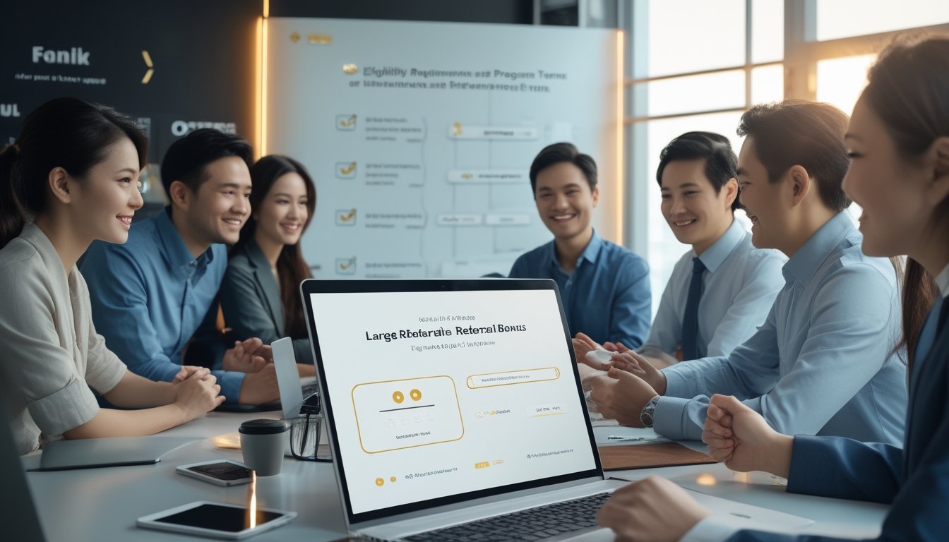 Sekelompok profesional membahas program referral melalui laptop dan ponsel di ruang kerja modern.