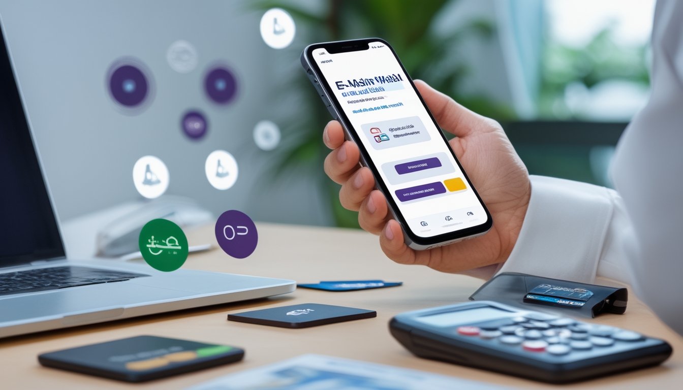 Tangan menggunakan ponsel untuk melakukan transaksi dompet digital di atas meja kerja.
