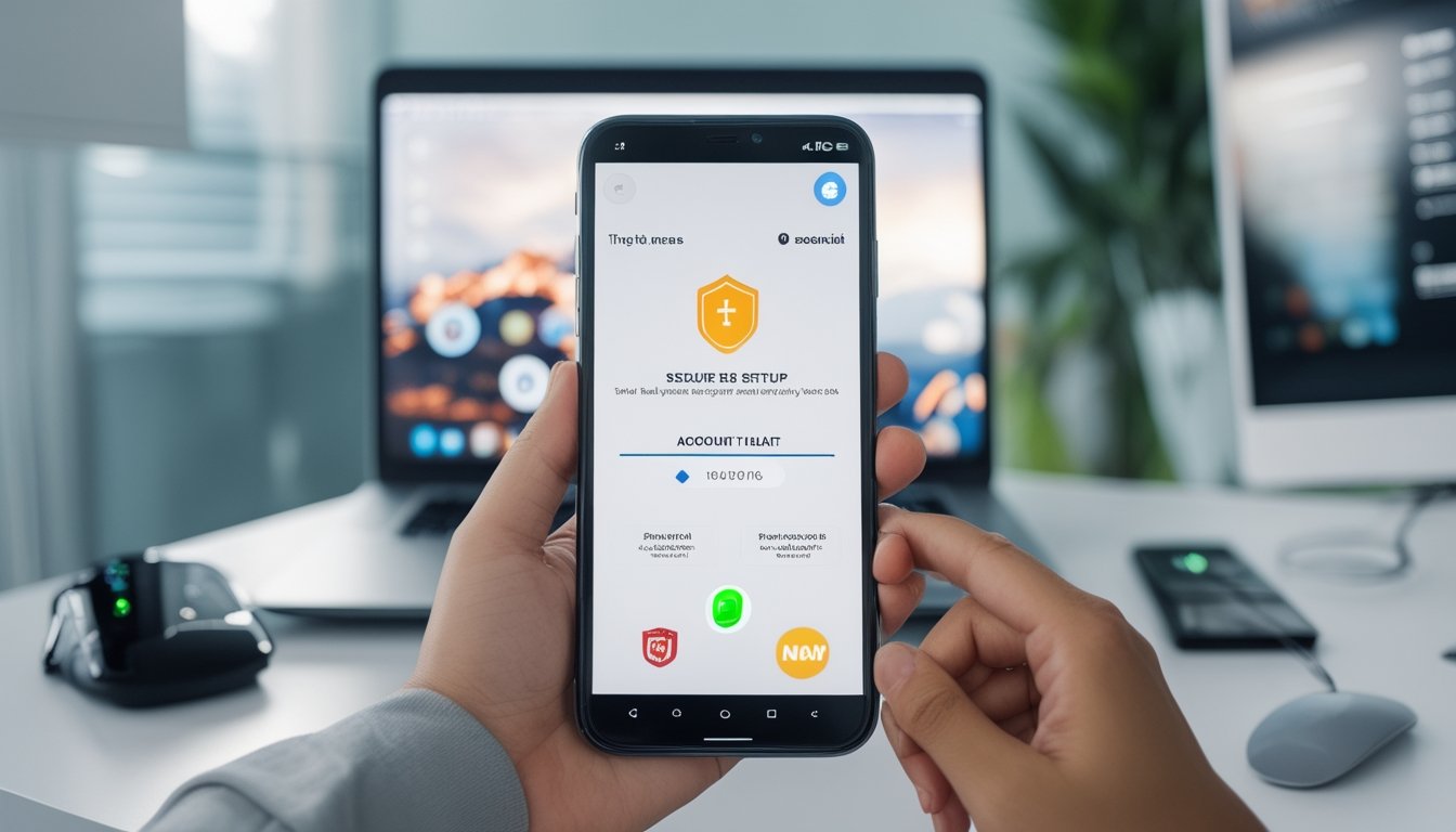Ponsel menampilkan pengaturan keamanan dompet digital di meja kerja dengan laptop dan perangkat keamanan.