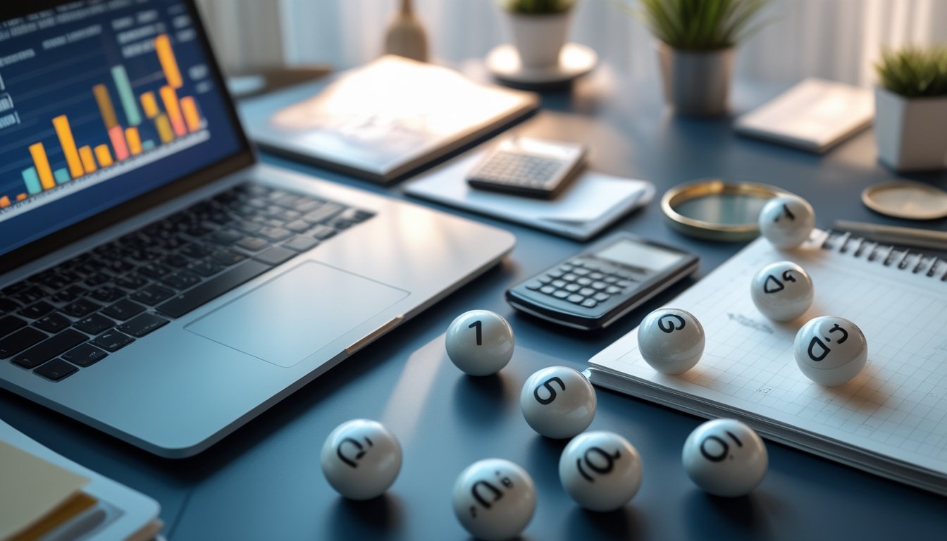 Meja kerja modern dengan bola bernomor, kalkulator, laptop, dan grafik data yang diburamkan.