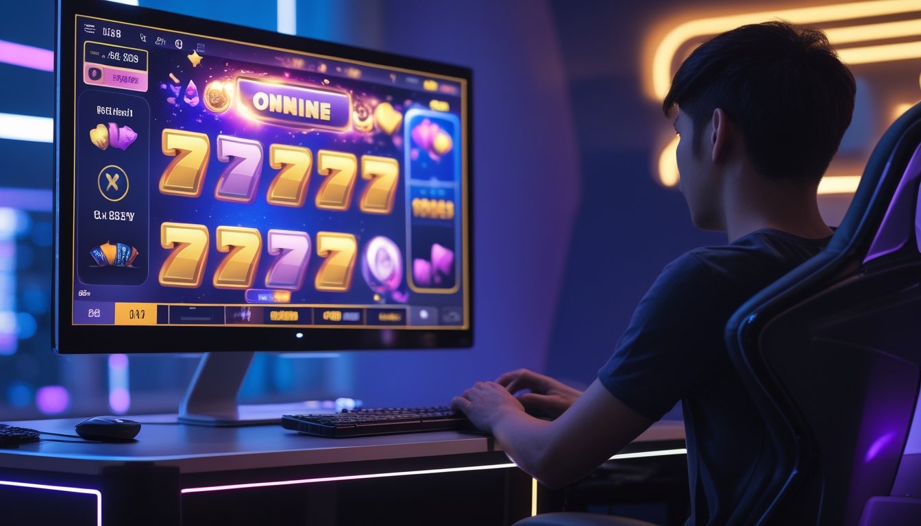 Seseorang memainkan permainan slot digital di depan monitor dengan suasana futuristis.