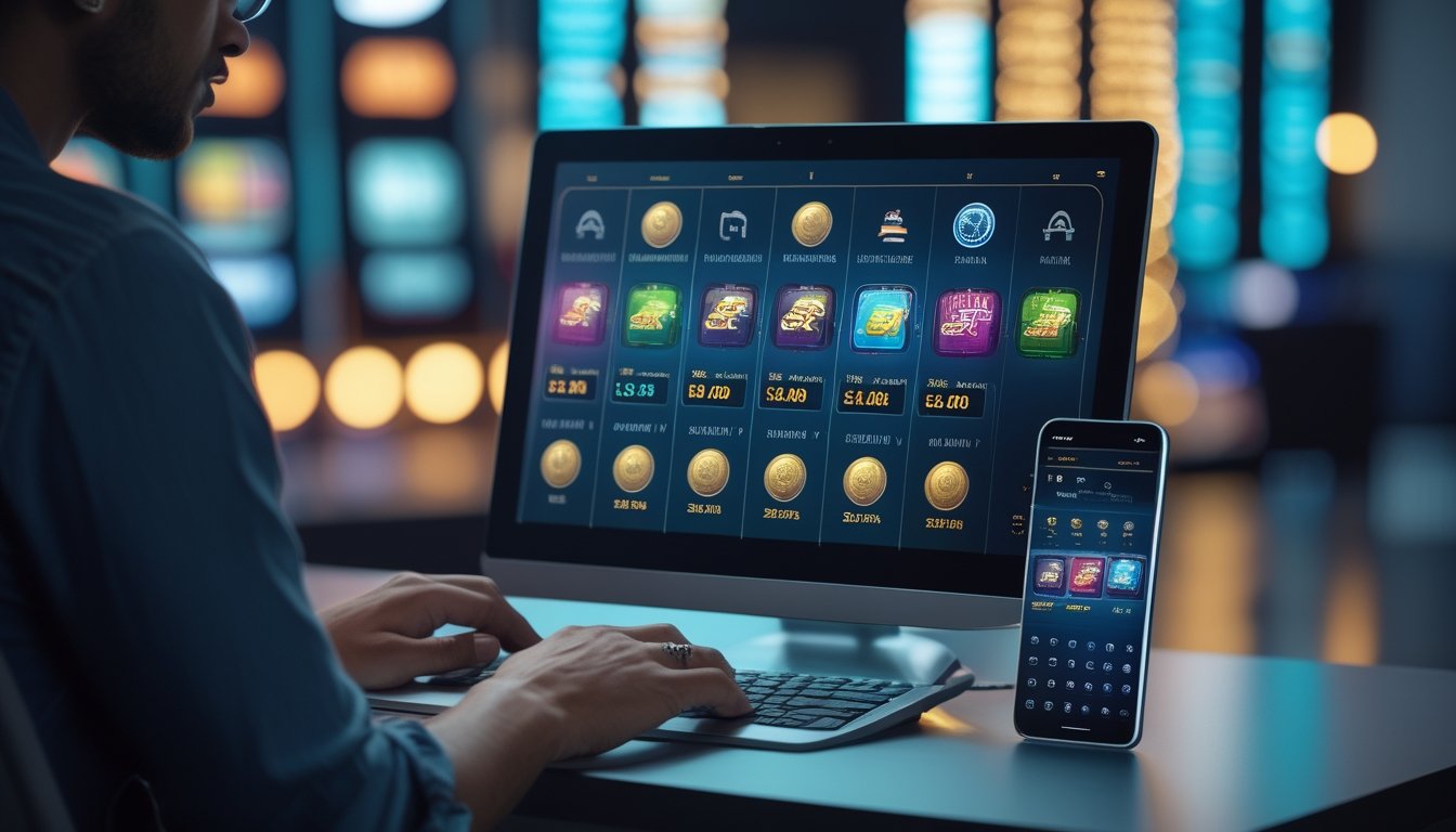 Seseorang menganalisis tampilan permainan slot abstrak di laptop dan ponsel pada meja kerja modern.