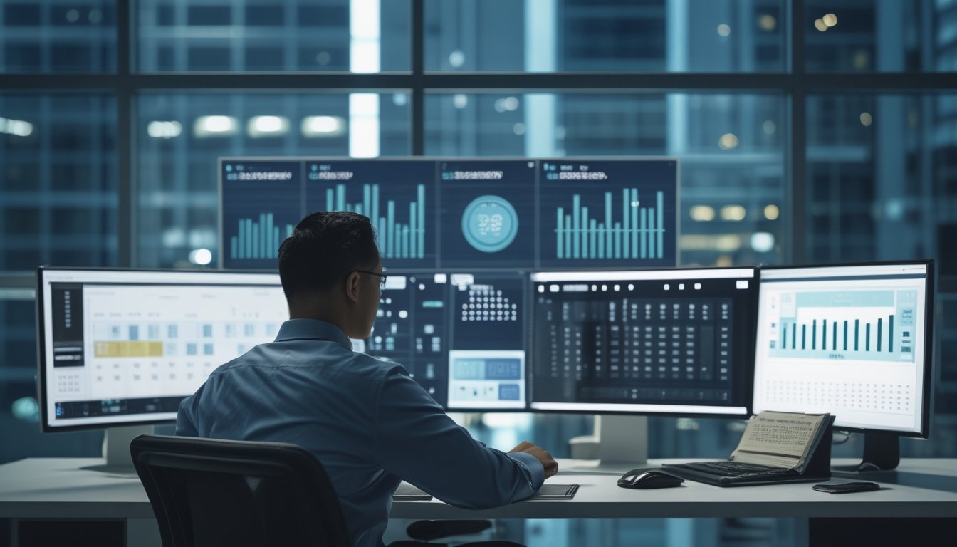 Seorang analis memeriksa tabel dan grafik angka pada beberapa layar di meja kerja modern.