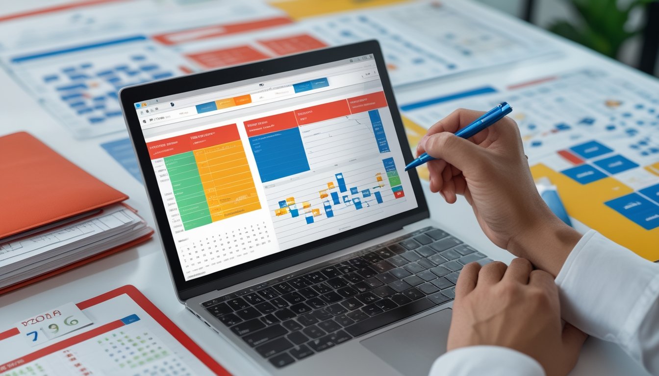 Seorang analis memeriksa tabel angka dan grafik data yang tersusun rapi di meja kerja.
