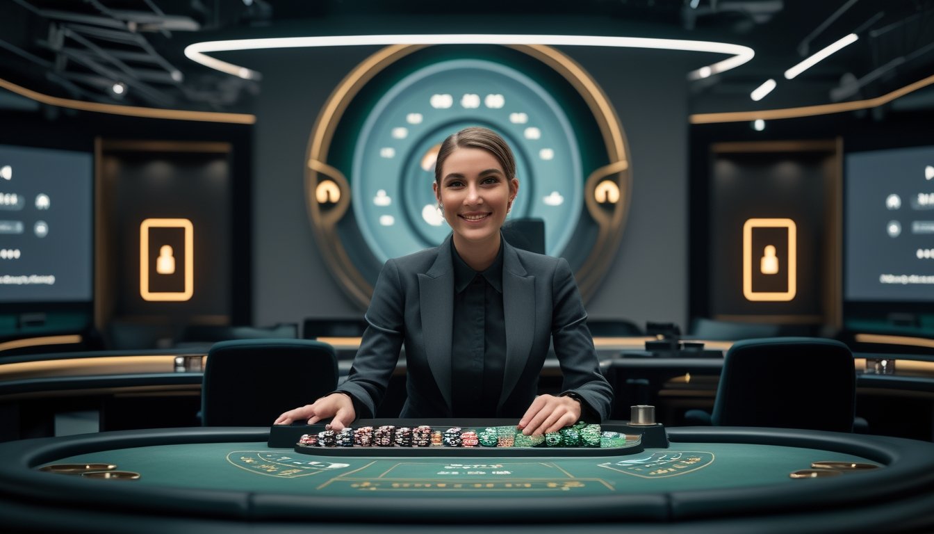 Dealer profesional memandu permainan roulette langsung di studio kasino online modern dengan teknologi siaran dan keamanan digital.