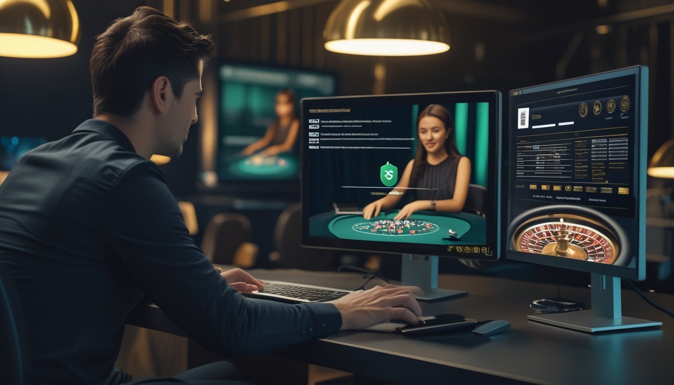 Orang dewasa memeriksa platform kasino live yang aman di laptop dengan dealer profesional terlihat di layar.
