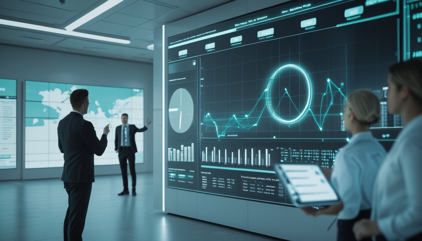 Analis profesional memantau grafik data langsung pada layar di ruang kerja modern.