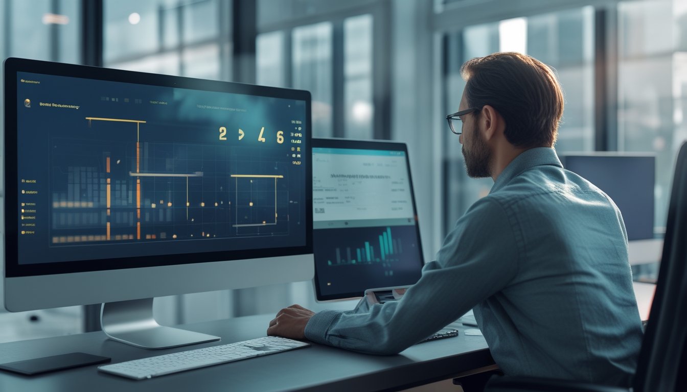 Seseorang memantau dashboard data real-time pada komputer, tablet, dan ponsel di ruang kerja modern.