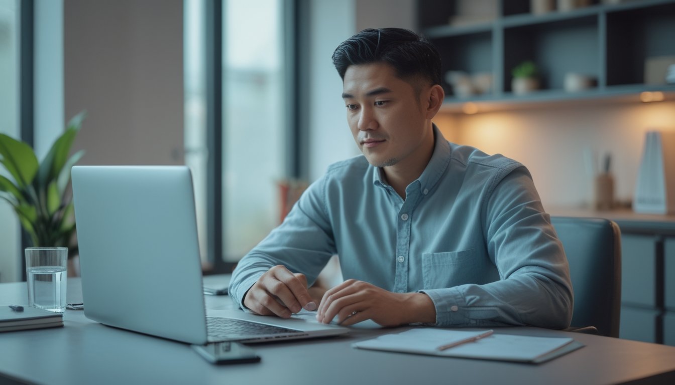 Seorang pria menaruh ponsel di meja dan beristirahat dari aktivitas taruhan online di ruang kerja yang tenang.