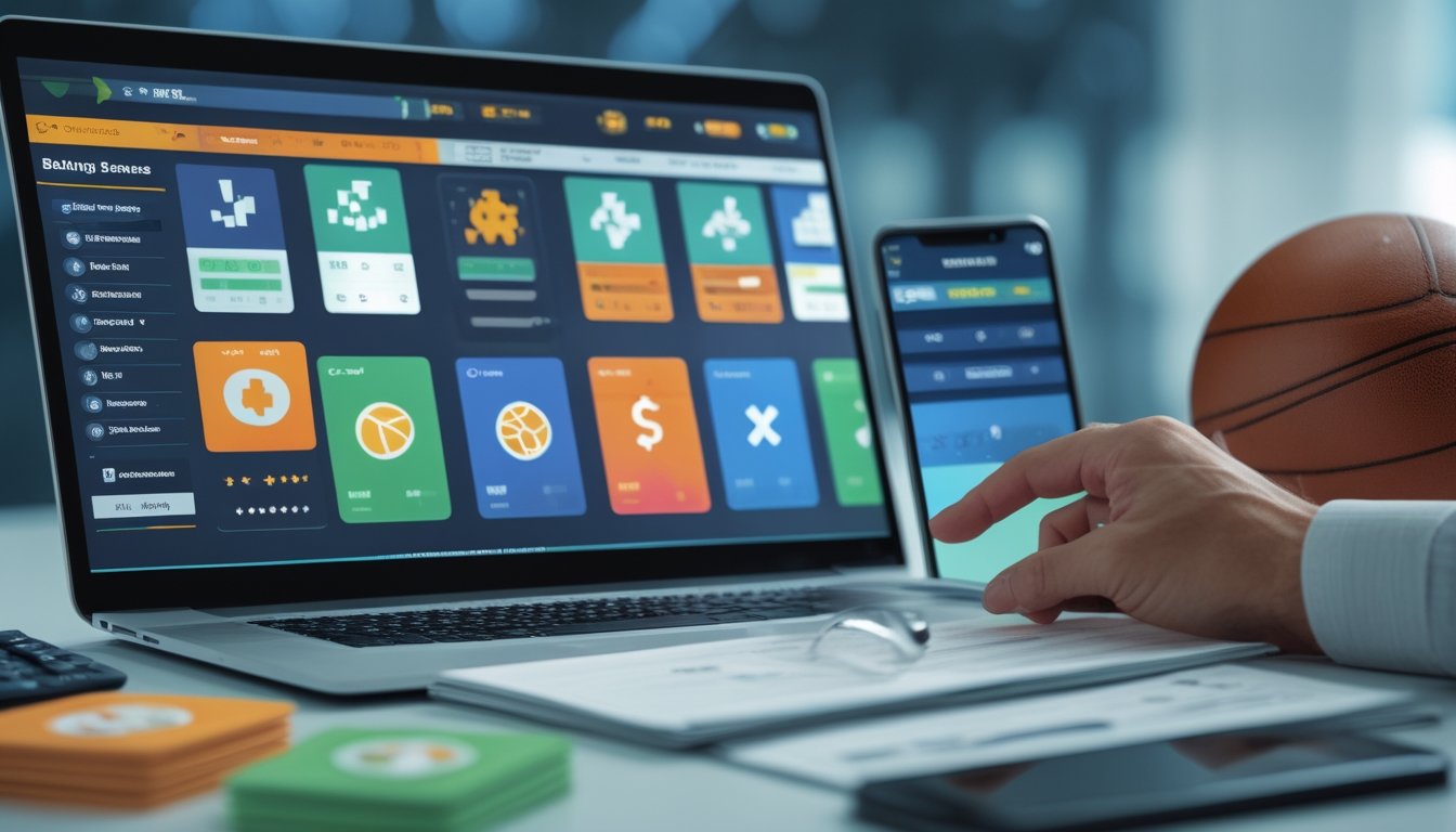 Meja kerja modern dengan laptop, ponsel, kalkulator, bola sepak, dan beberapa kartu promosi abstrak yang melambangkan perbandingan bonus deposit.