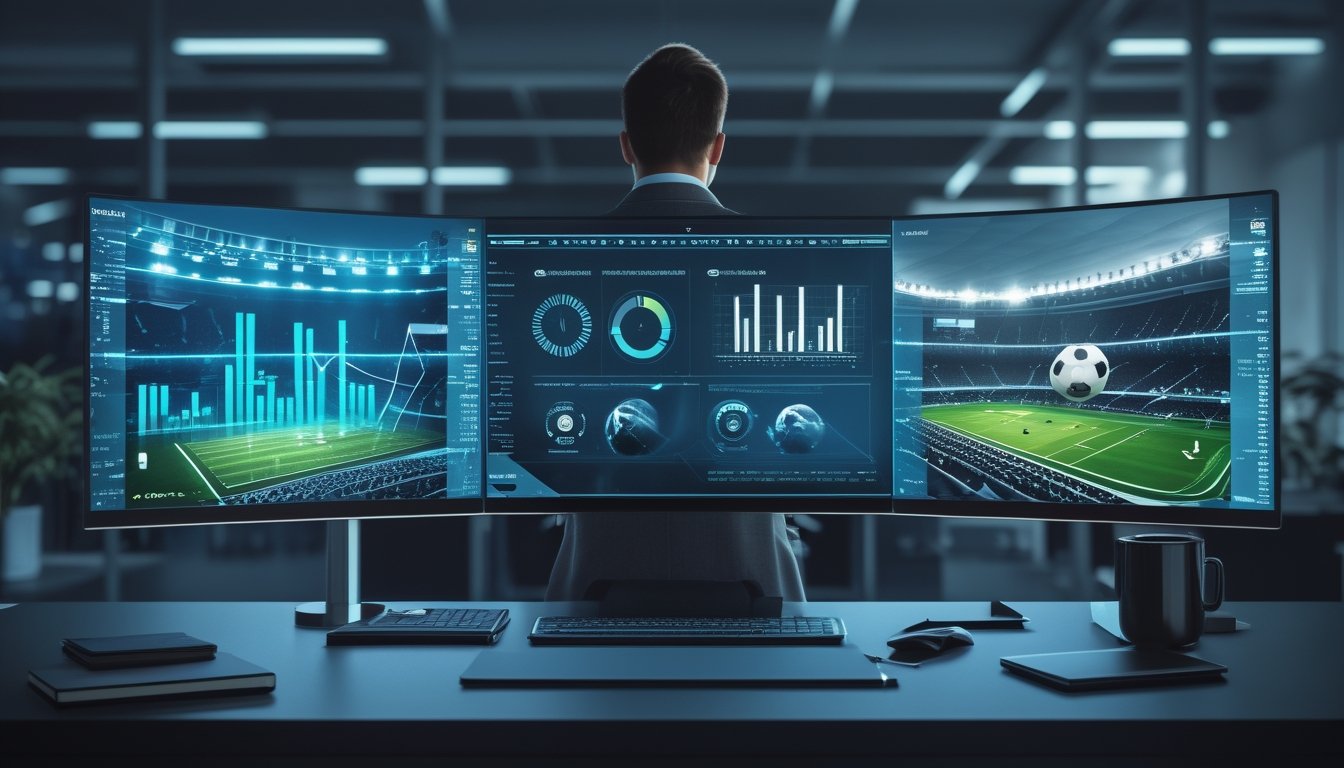 Seorang analis mengamati dasbor data tentang tren e-sports dan sepak bola virtual di ruang kerja modern.