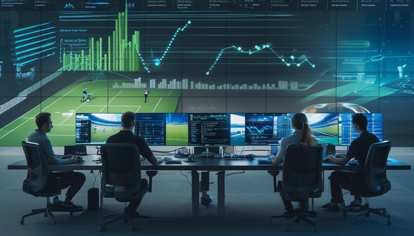 Analis pasar dan penggemar esports mengamati data pertandingan sepak bola virtual serta tren pertumbuhan di ruang kerja modern.
