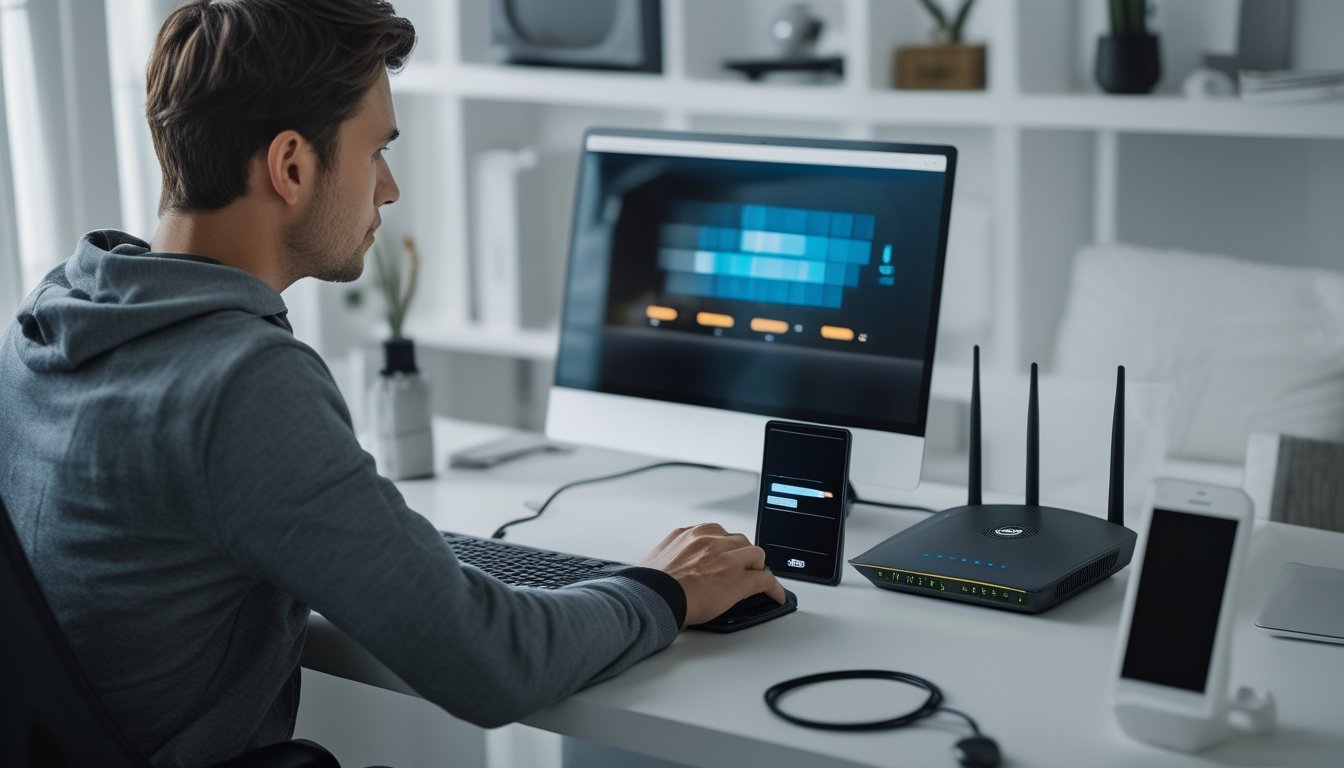 Seseorang mengamati laptop dan router di ruang kerja dengan koneksi internet yang tampak tidak stabil.