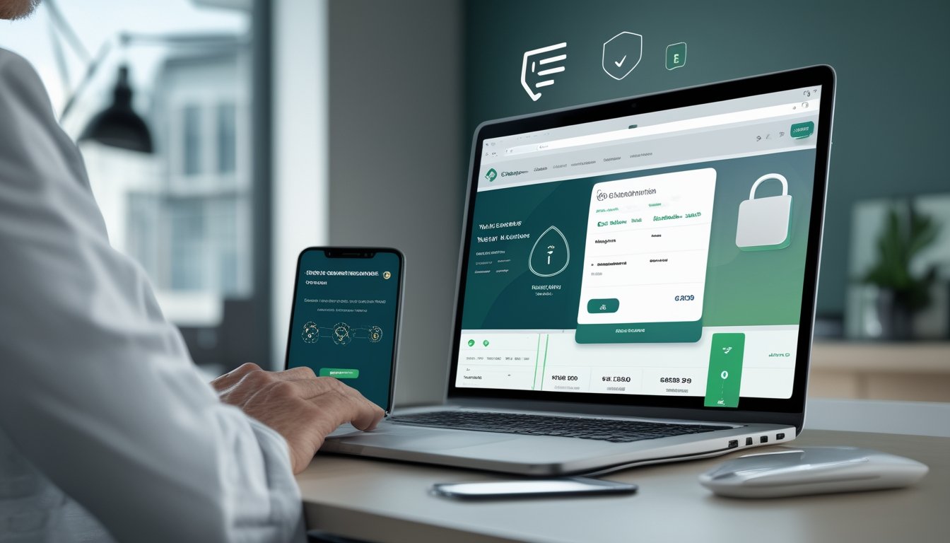 Orang dewasa meninjau platform taruhan sepak bola daring yang aman di laptop dengan ponsel dan bola sepak di meja.