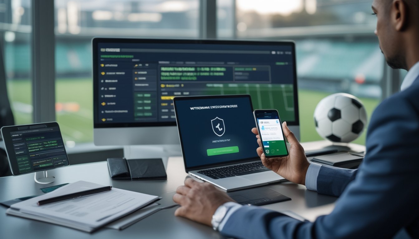 Profesional memeriksa platform taruhan sepak bola dan proses penarikan dana di ruang kerja modern dengan simbol keamanan dan dokumen legal.