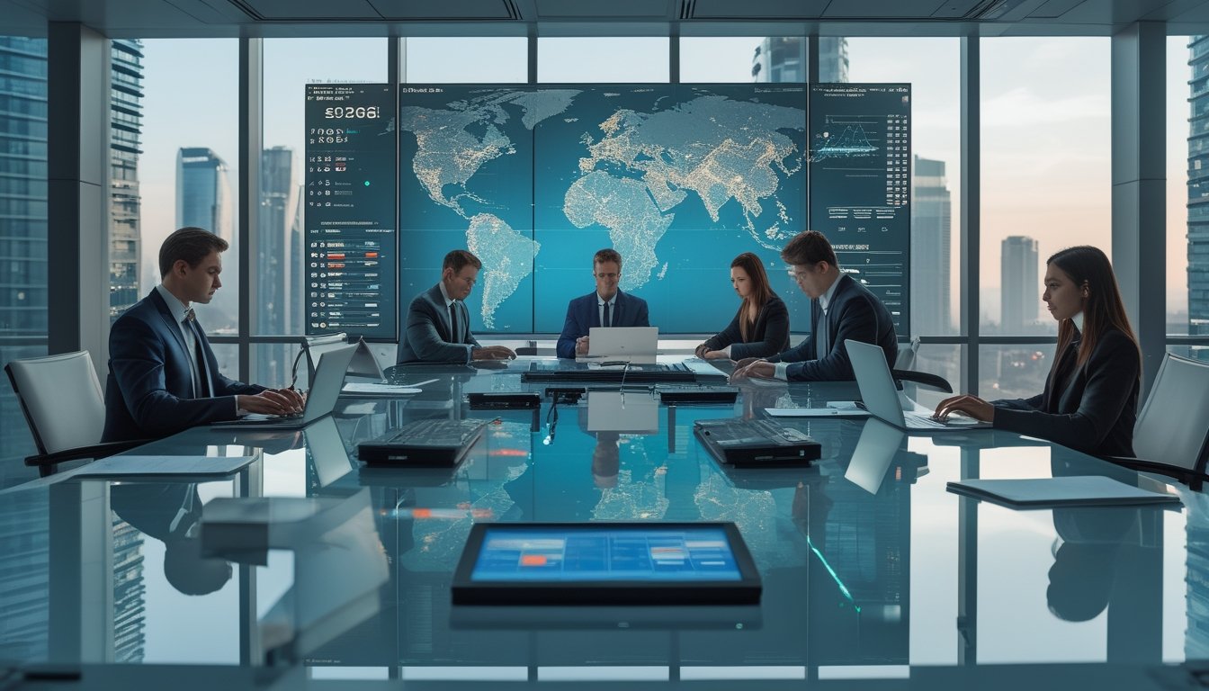 Para profesional internasional membahas regulasi industri taruhan online global di ruang kantor modern dengan peta dunia digital.