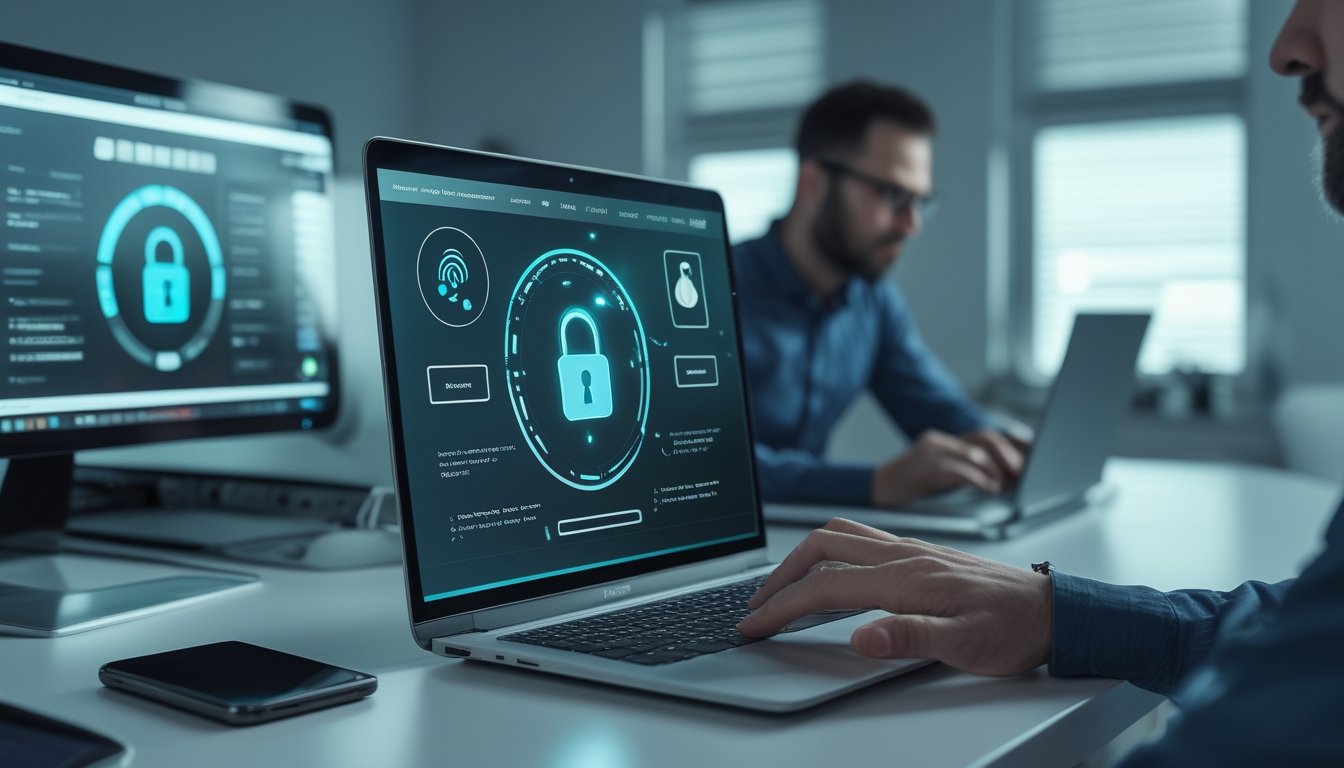Seseorang mengamankan akun digital menggunakan laptop dan ponsel dengan perlindungan perisai, kunci, serta verifikasi biometrik.