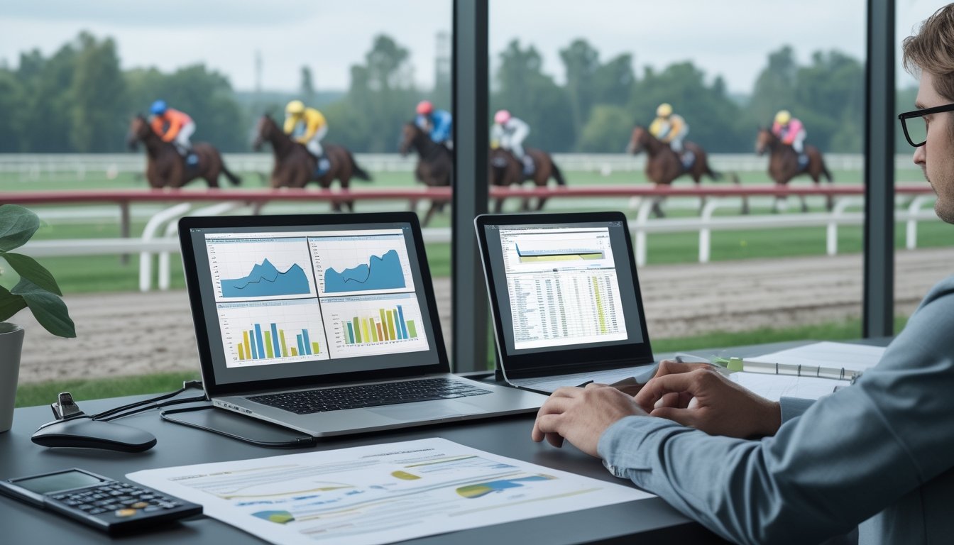 Seorang analis memeriksa data statistik balap kuda sementara kuda dan joki terlihat di lintasan.