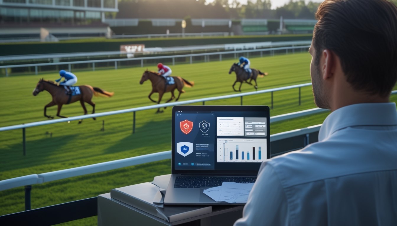 Analis meninjau platform taruhan balap kuda melalui laptop dan tablet di dekat arena pacuan kuda.