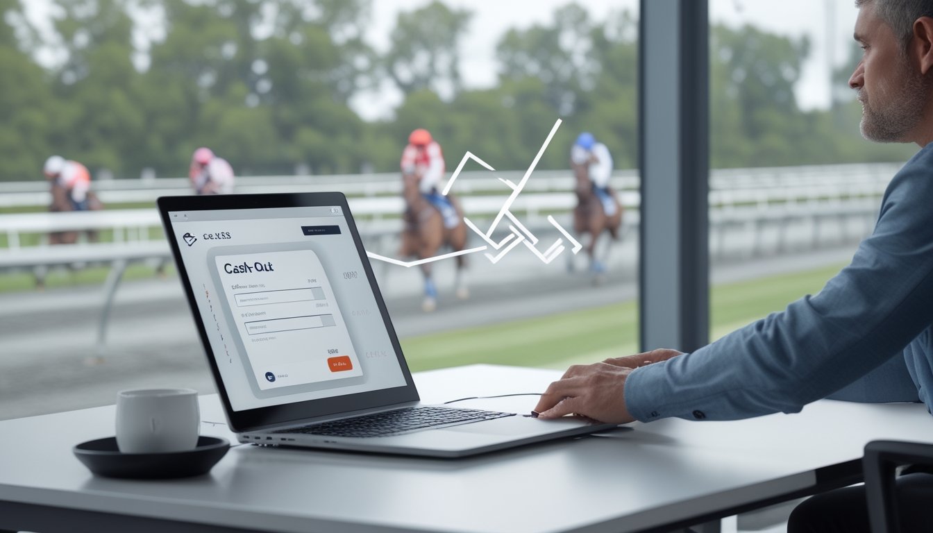 Pengguna meninjau fitur cash out pada perangkat digital dengan latar belakang lintasan balap kuda.