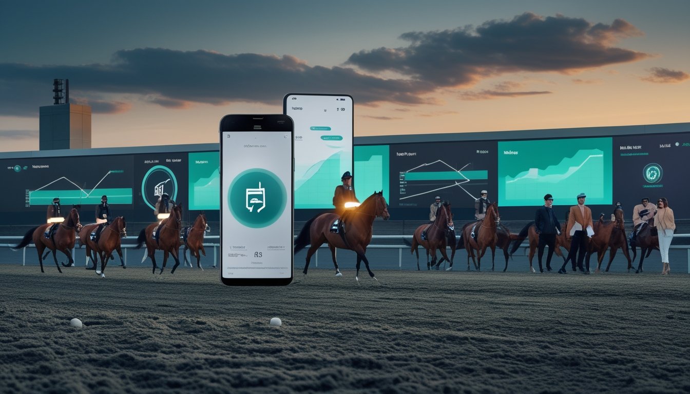 Arena balap kuda modern dengan penonton, perangkat digital, dan elemen dompet elektronik.