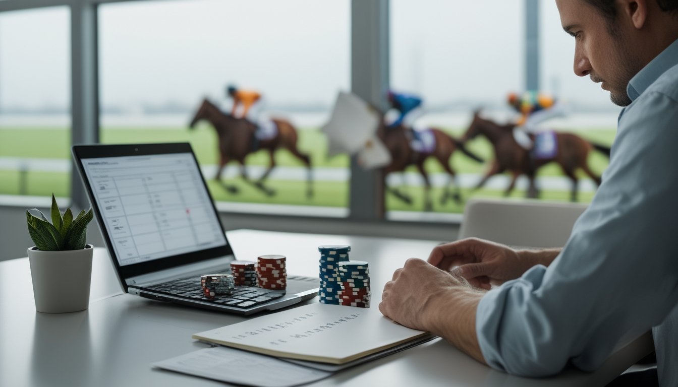 Seorang bettor mengatur uang dan kalkulator di meja dengan layar laptop menampilkan pacuan kuda yang buram.