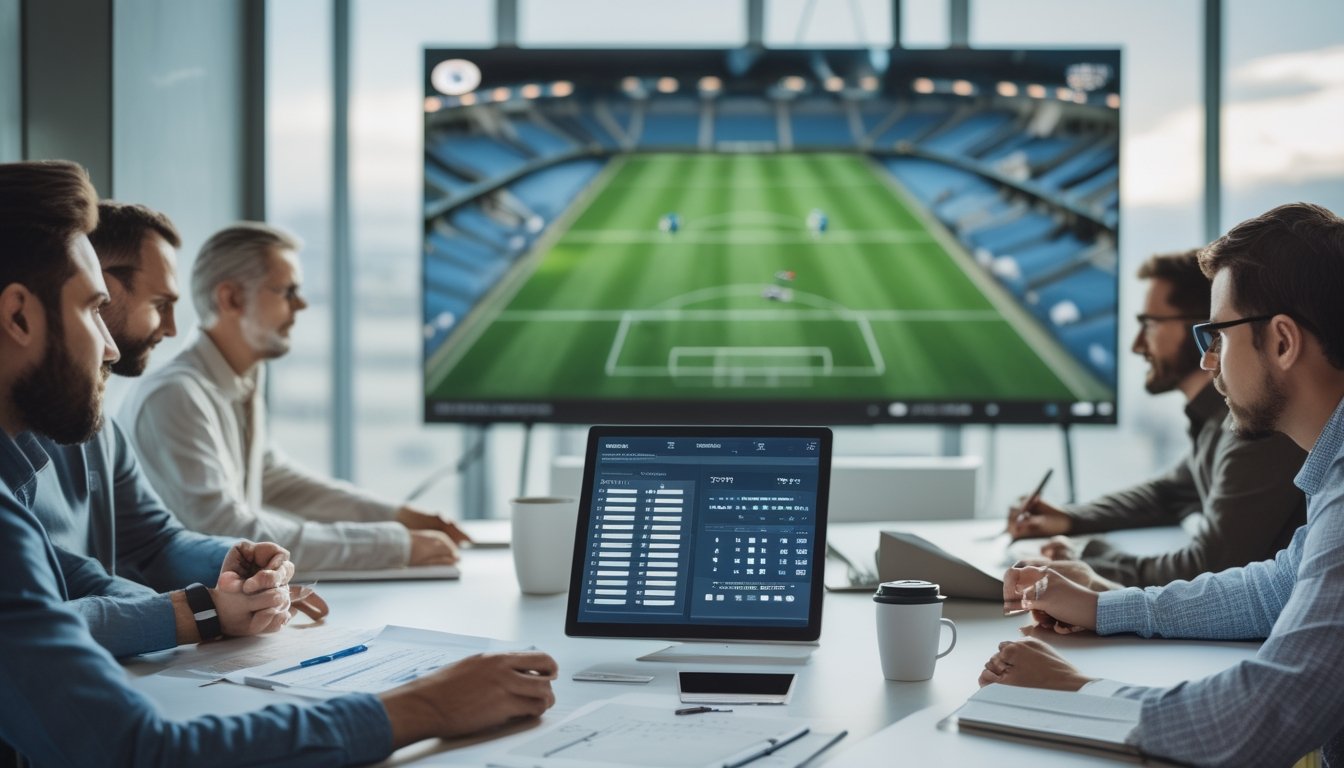 Penggemar sepak bola dewasa menganalisis statistik pertandingan di meja kerja dengan layar pertandingan di latar belakang.