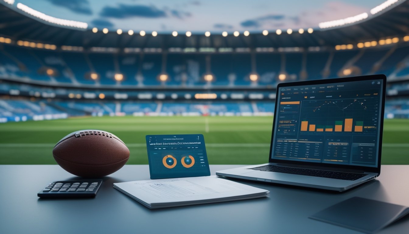 Meja analisis dengan bola sepak, laptop, kalkulator, dan statistik pertandingan di depan stadion sepak bola.