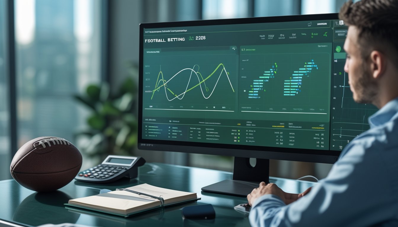 Seorang analis mempelajari statistik pertandingan sepak bola dan grafik probabilitas di ruang kerja modern.