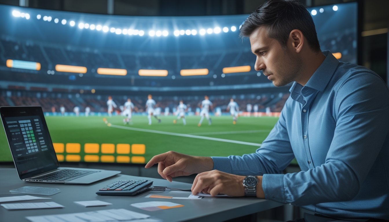 Analis sepak bola mempelajari data pertandingan di laptop dalam ruang kerja modern.