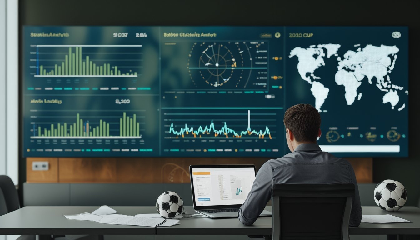 Analis sedang meninjau grafik statistik sepak bola di ruang kerja modern dengan bola di atas meja.