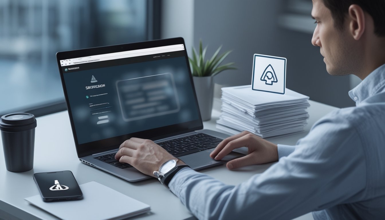 Seorang pengguna memeriksa platform taruhan olahraga dan dokumen regulasi di meja kerja.
