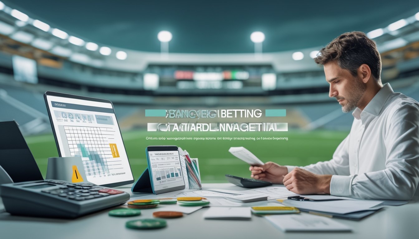 Seorang analis mengatur anggaran taruhan sepak bola dengan kalkulator, catatan, uang, dan grafik di meja kerja.