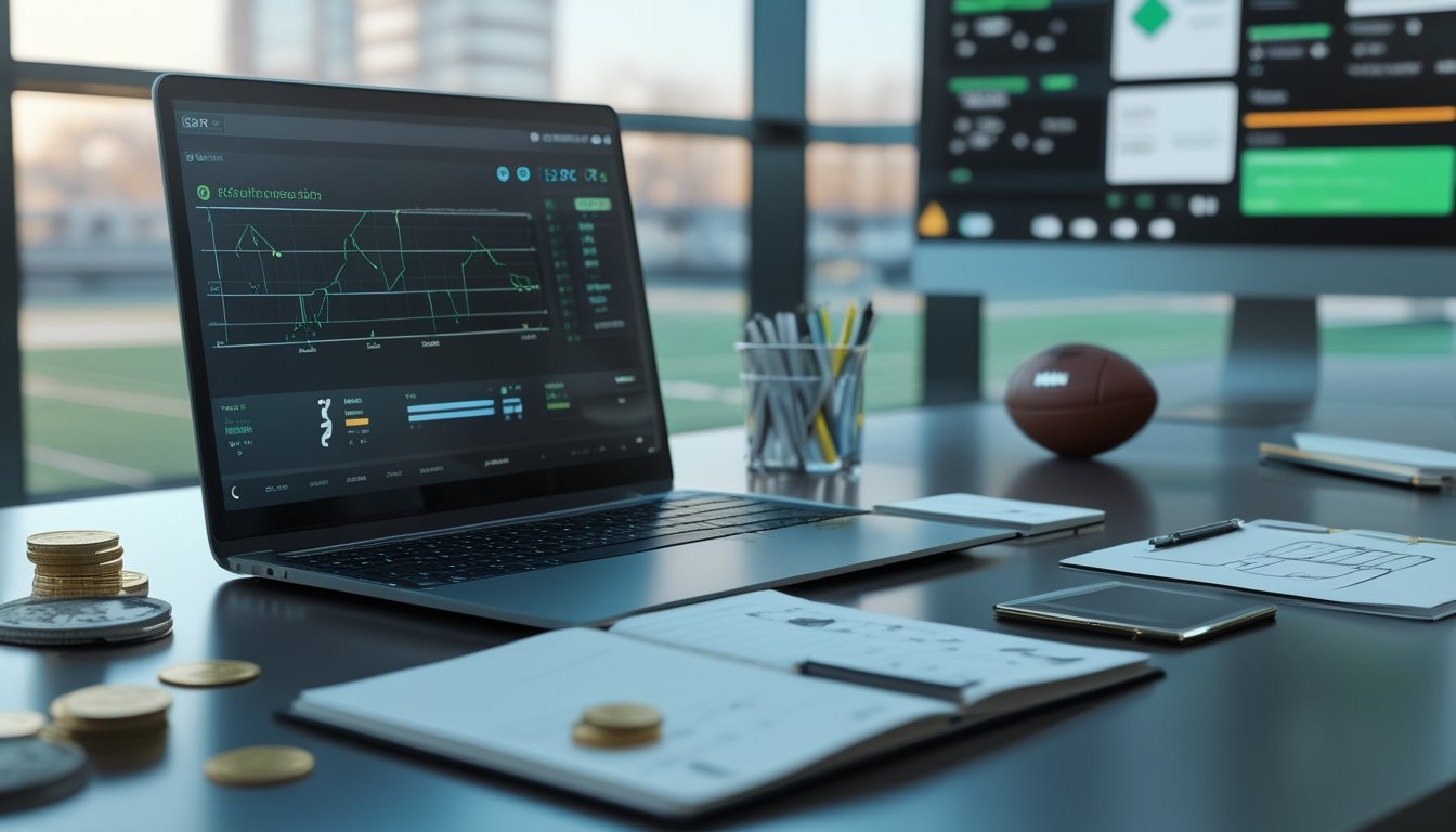 Meja kerja dengan laptop berisi grafik analisis sepak bola, kalkulator, uang, koin, dan perlengkapan perencanaan anggaran.