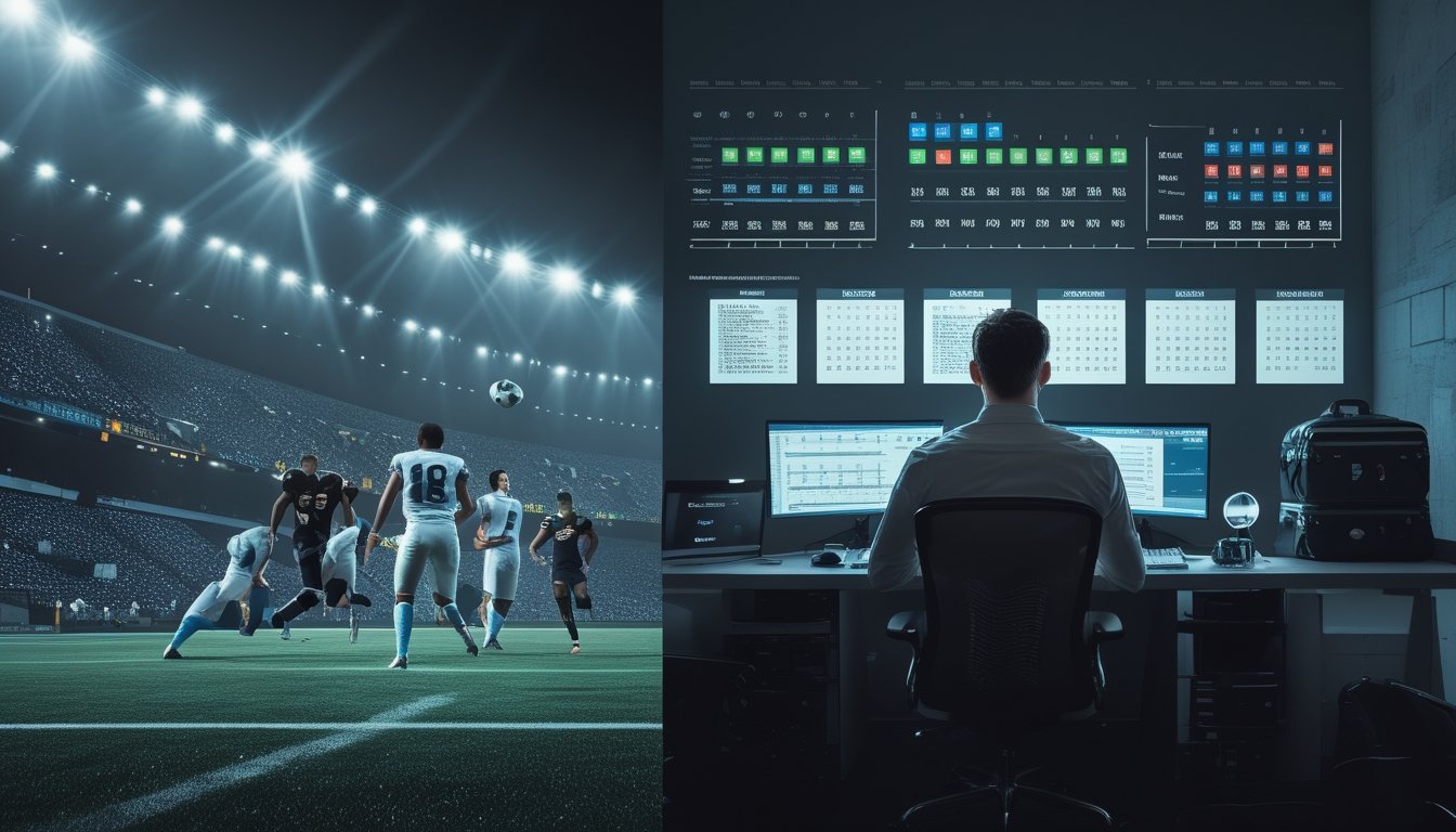Analis olahraga menganalisis jadwal pertandingan padat sementara pertandingan sepak bola berlangsung di stadion.