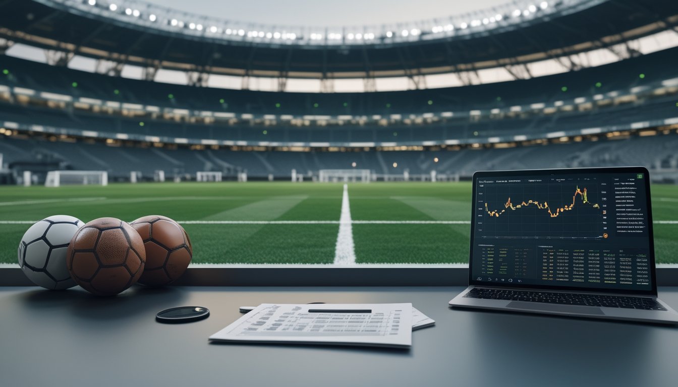 Stadion sepak bola yang ramai dengan perlengkapan analisis pertandingan dan tampilan data taruhan yang tidak terbaca.