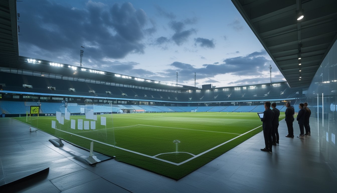 Analis olahraga mengamati stadion sepak bola dan kondisi cuaca sebelum pertandingan.