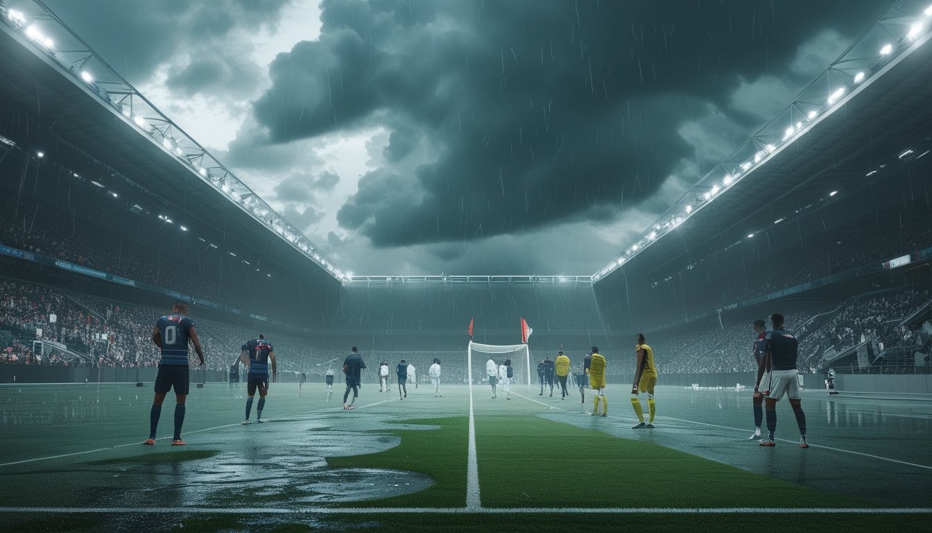 Stadion sepak bola tuan rumah dengan lapangan basah, pemain melakukan pemanasan, dan awan hujan yang bergerak di atas tribun.