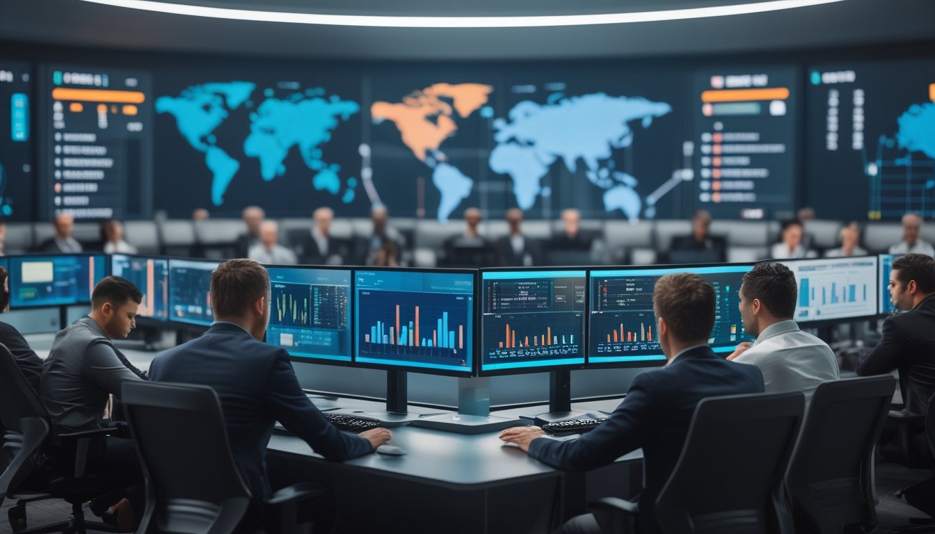 Analis olahraga bekerja sama di ruang modern dengan layar yang menampilkan data pertandingan sepak bola dan peta dunia.