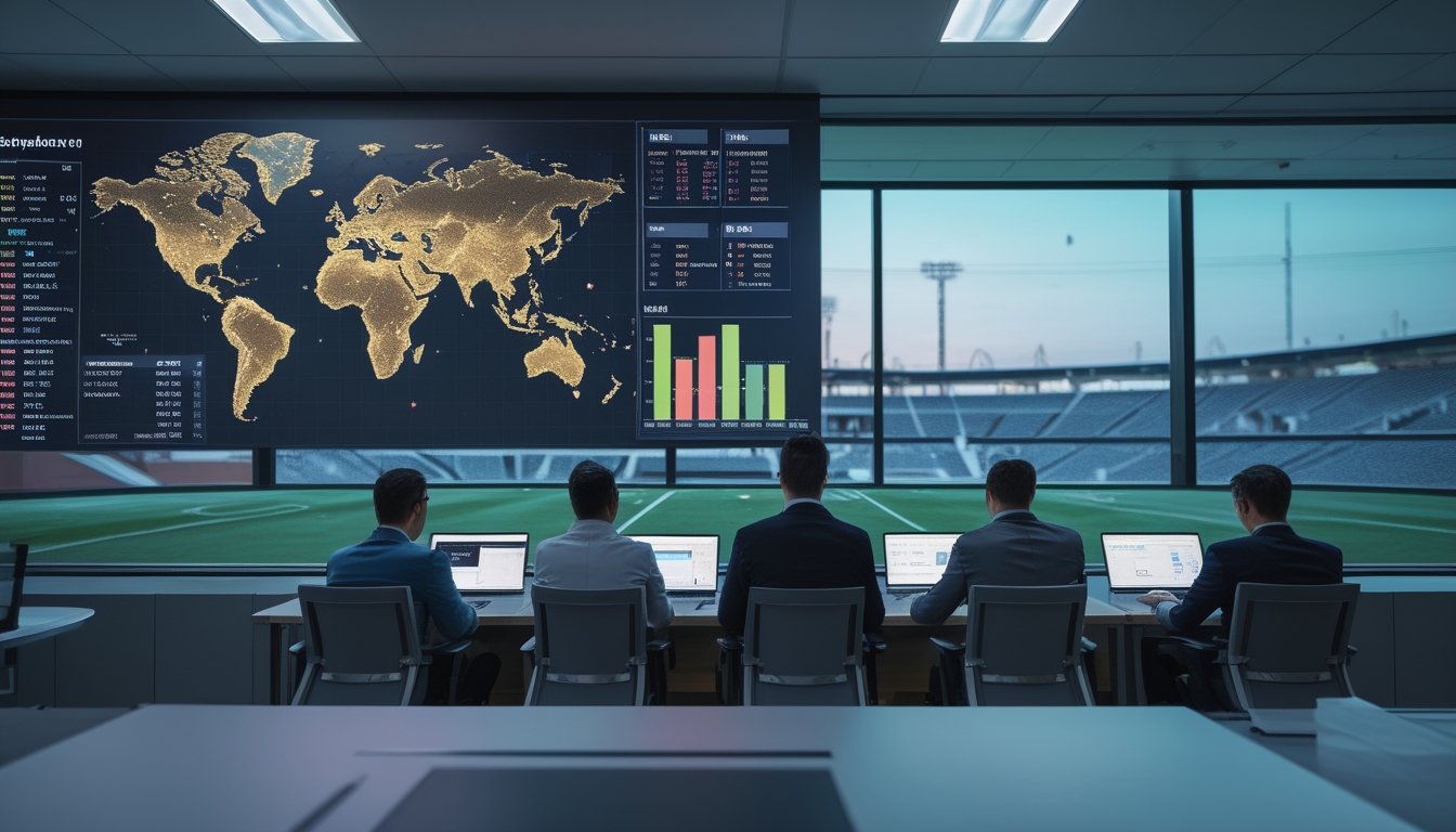 Analis internasional meninjau data pertandingan sepak bola dan tren pasar di kantor modern dengan stadion terlihat di latar belakang.