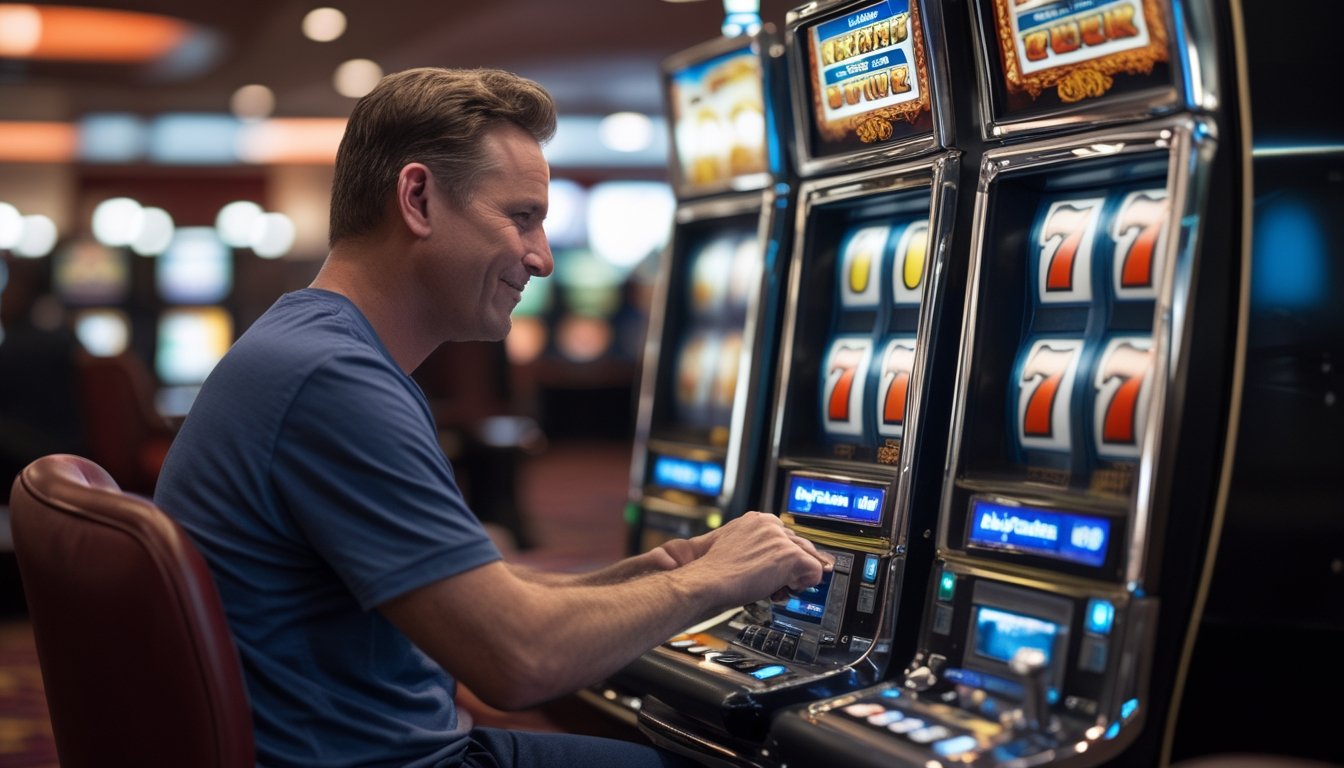 Seorang pemain duduk di depan mesin slot triple sevens dengan sejumlah kecil koin di tangan.