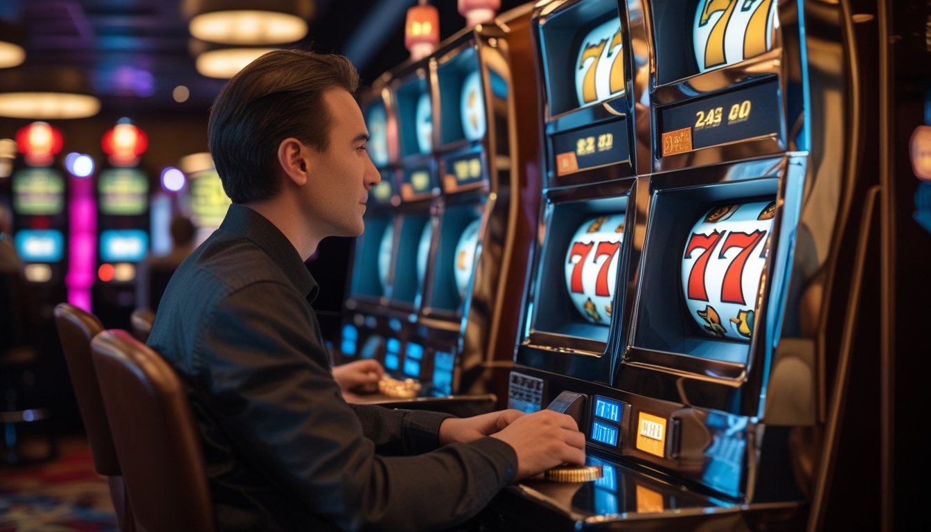 Seorang pemain menggunakan beberapa koin di mesin slot bertema triple seven dalam suasana kasino.