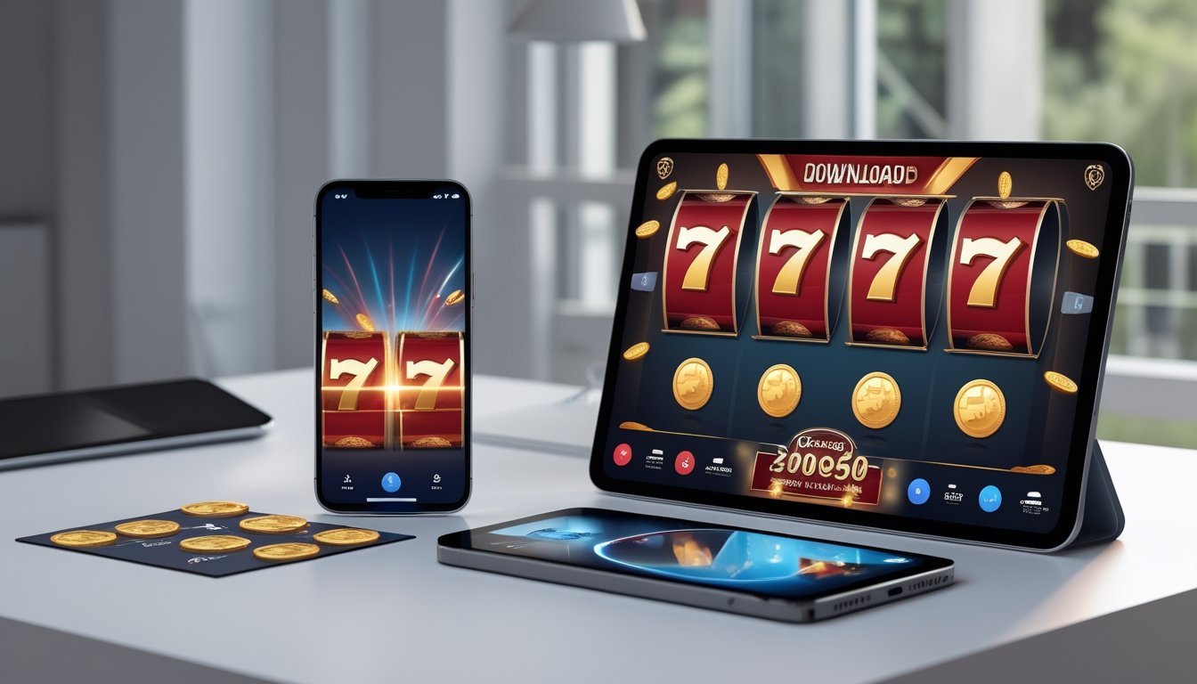 Dua perangkat seluler menampilkan permainan slot bertema angka tujuh dengan elemen unduhan aplikasi.