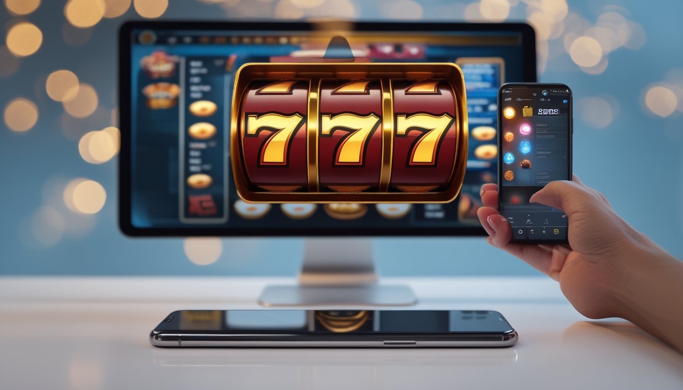 Tangan menyentuh ponsel yang menampilkan permainan slot bertema angka tujuh, dengan ponsel lain di belakangnya.