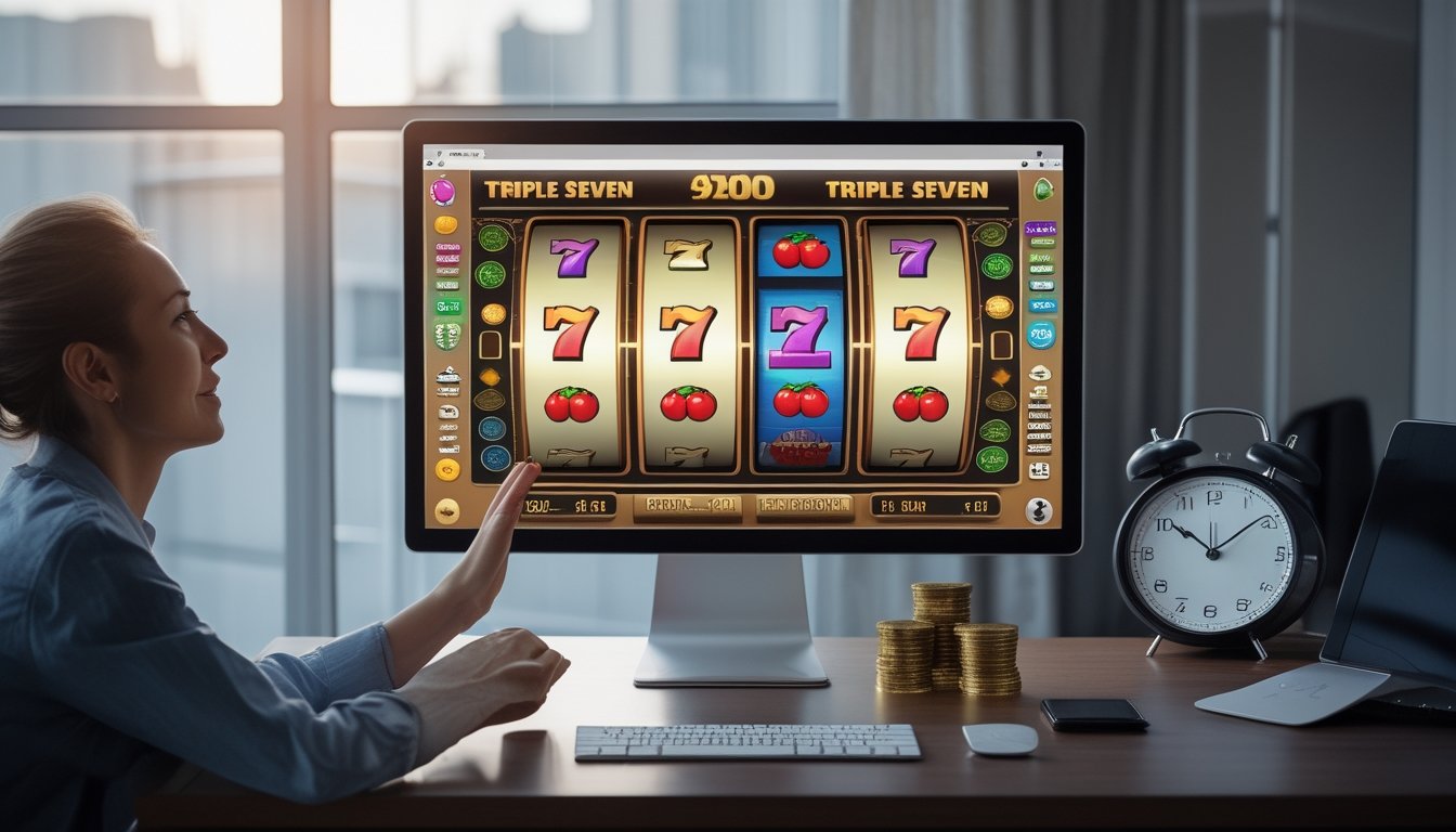 Seseorang memainkan permainan slot bertema angka tujuh di depan komputer, dengan koin, kalkulator, dan jam yang menggambarkan manfaat serta risikonya.