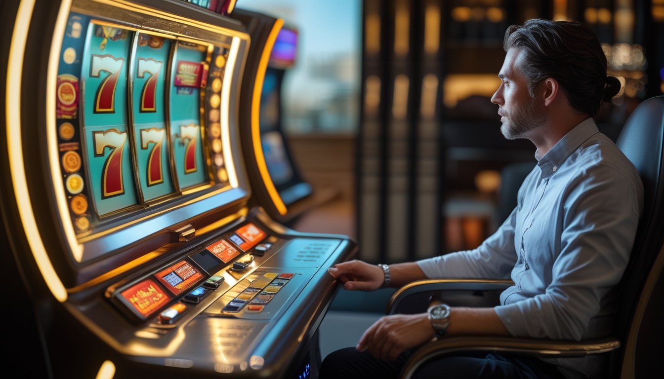 Seorang pemain menganalisis mesin slot bertema angka tujuh di ruang permainan modern dengan koin dan dompet di atas meja.